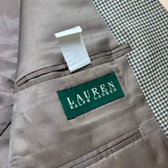 Lauren Ralph Lauren Houndstooth Blazer 46R Brown Tan Silk Wool Blend Coat Jacket - Picture 10 of 14